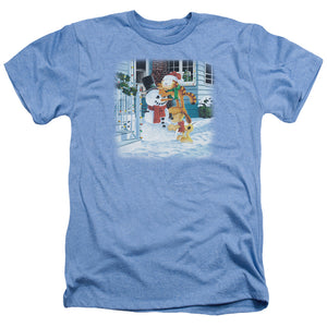 AN OFFCIALLY LICENSED GARFIELD SNOW FUN MEN'S HEATHER T-SHIRT LIGHT BLUE