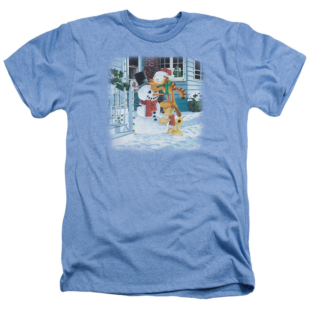 AN OFFCIALLY LICENSED GARFIELD SNOW FUN MEN'S HEATHER T-SHIRT LIGHT BLUE