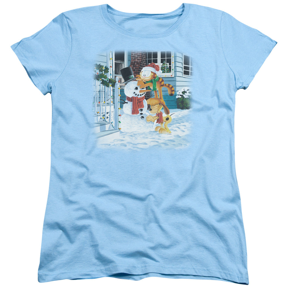 AN OFFCIALLY LICENSED GARFIELD SNOW FUN WOMEN'S REGULAR FIT T-SHIRT LIGHT BLUE