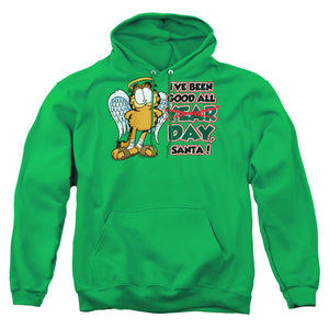 AN OFFCIALLY LICENSED GARFIELD IVE BEEN GOOD ADULT UNISEX PULLOVER HOODIE KELLY GREEN