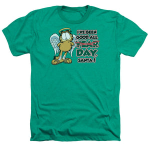 AN OFFCIALLY LICENSED GARFIELD IVE BEEN GOOD MEN'S HEATHER T-SHIRT KELLY GREEN