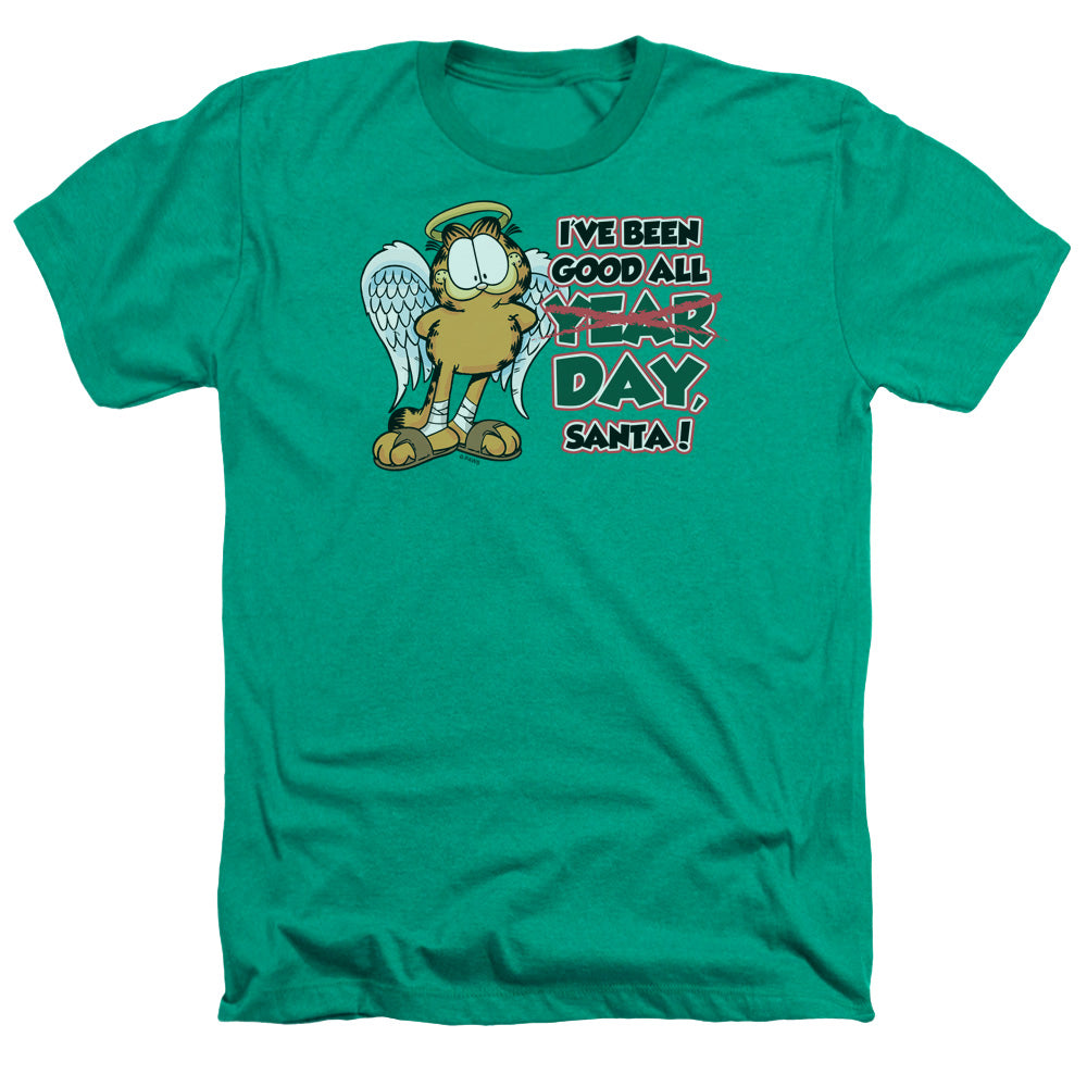 AN OFFCIALLY LICENSED GARFIELD IVE BEEN GOOD MEN'S HEATHER T-SHIRT KELLY GREEN