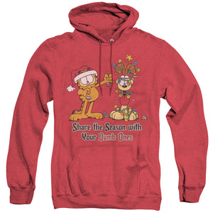 AN OFFCIALLY LICENSED GARFIELD SHARE THE SEASON ADULT UNISEX HEATHER PULLOVER HOODIE RED