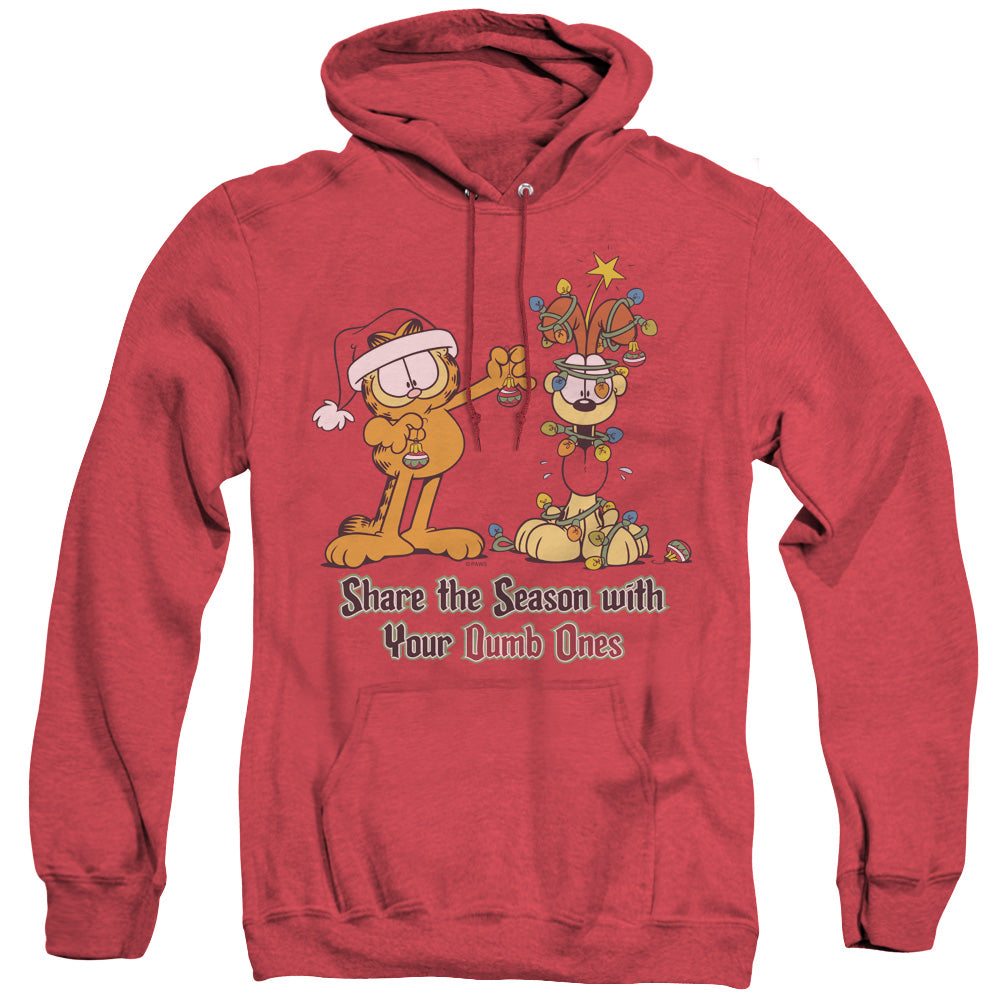 AN OFFCIALLY LICENSED GARFIELD SHARE THE SEASON ADULT UNISEX HEATHER PULLOVER HOODIE RED