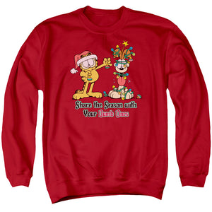 AN OFFCIALLY LICENSED GARFIELD SHARE THE SEASON ADULT UNISEX CREWNECK SWEATSHIRT RED