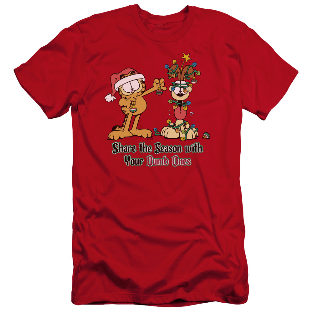 AN OFFCIALLY LICENSED GARFIELD SHARE THE SEASON MEN'S PREMIUM SLIM FIT T-SHIRT RED