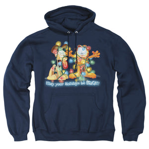 AN OFFCIALLY LICENSED GARFIELD BRIGHT HOLIDAYS ADULT UNISEX PULLOVER HOODIE NAVY