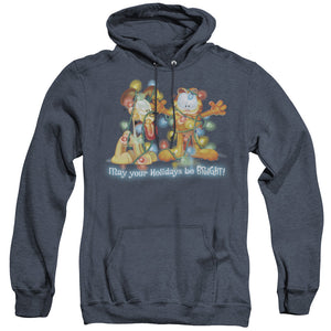 AN OFFCIALLY LICENSED GARFIELD BRIGHT HOLIDAYS ADULT UNISEX HEATHER PULLOVER HOODIE NAVY