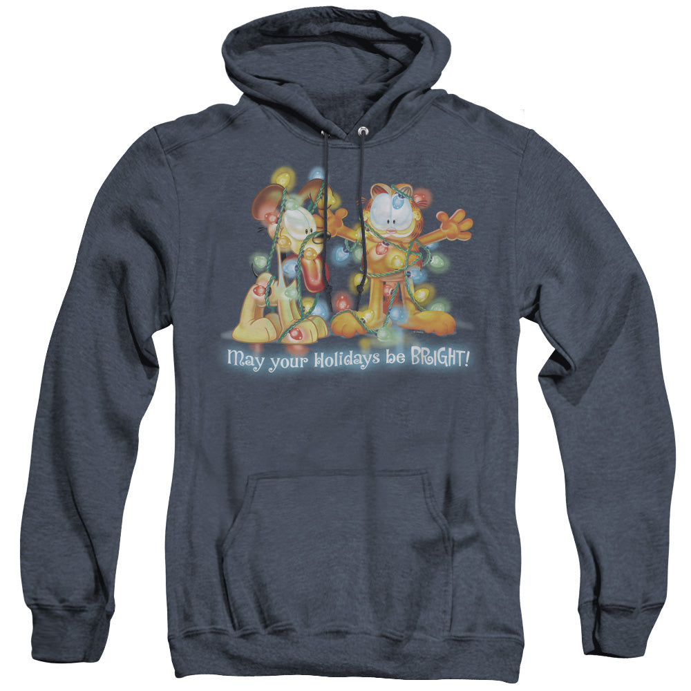 AN OFFCIALLY LICENSED GARFIELD BRIGHT HOLIDAYS ADULT UNISEX HEATHER PULLOVER HOODIE NAVY