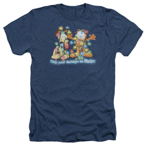 AN OFFCIALLY LICENSED GARFIELD BRIGHT HOLIDAYS MEN'S HEATHER T-SHIRT NAVY