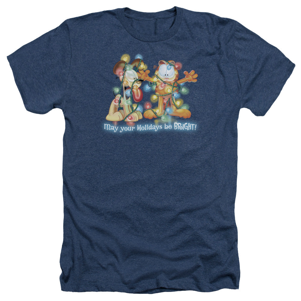 AN OFFCIALLY LICENSED GARFIELD BRIGHT HOLIDAYS MEN'S HEATHER T-SHIRT NAVY