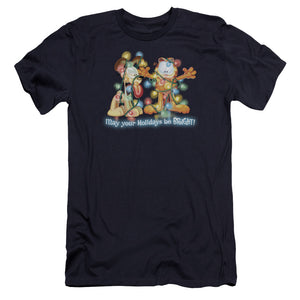 AN OFFCIALLY LICENSED GARFIELD BRIGHT HOLIDAYS MEN'S PREMIUM SLIM FIT T-SHIRT NAVY