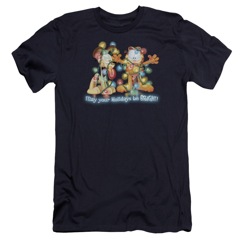 AN OFFCIALLY LICENSED GARFIELD BRIGHT HOLIDAYS MEN'S PREMIUM SLIM FIT T-SHIRT NAVY