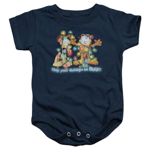 AN OFFCIALLY LICENSED GARFIELD BRIGHT HOLIDAYS BABY BODYSUIT NAVY