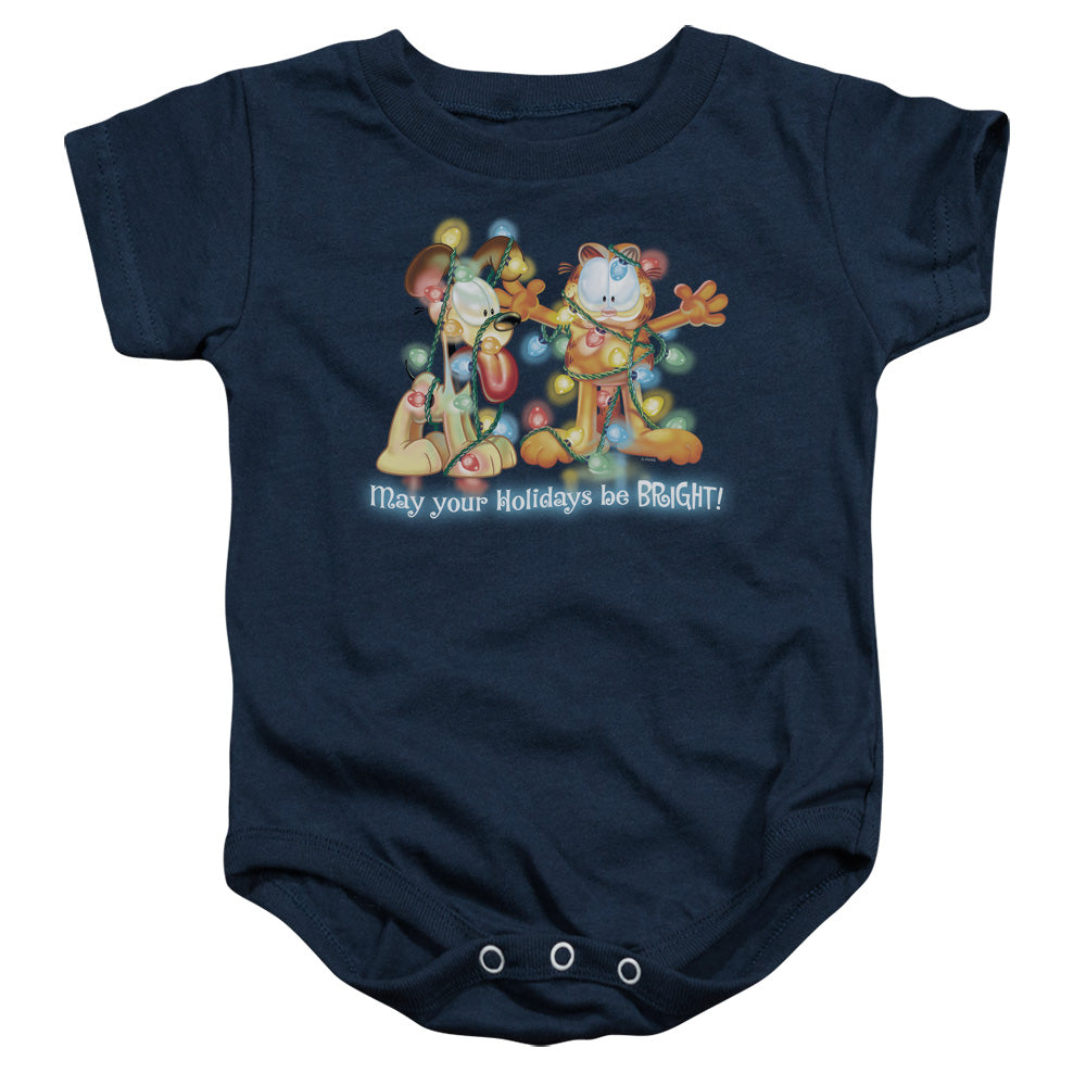 AN OFFCIALLY LICENSED GARFIELD BRIGHT HOLIDAYS BABY BODYSUIT NAVY