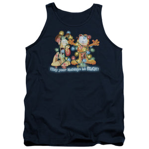 AN OFFCIALLY LICENSED GARFIELD BRIGHT HOLIDAYS ADULT UNISEX TANK TOP NAVY