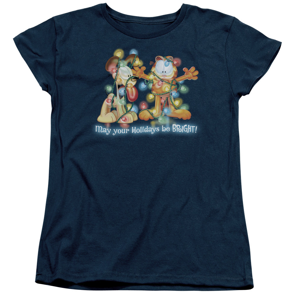 AN OFFCIALLY LICENSED GARFIELD BRIGHT HOLIDAYS WOMEN'S REGULAR FIT T-SHIRT NAVY