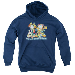 AN OFFCIALLY LICENSED GARFIELD BRIGHT HOLIDAYS YOUTH HOODIE NAVY