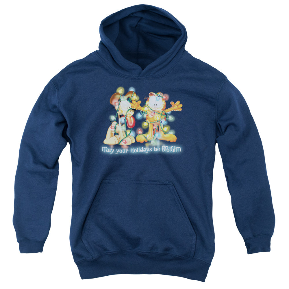 AN OFFCIALLY LICENSED GARFIELD BRIGHT HOLIDAYS YOUTH HOODIE NAVY