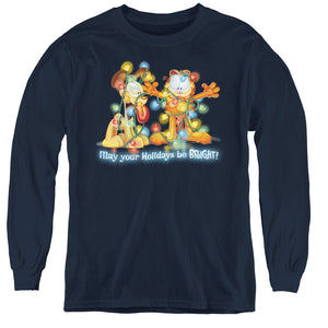 AN OFFCIALLY LICENSED GARFIELD BRIGHT HOLIDAYS YOUTH LONG SLEEVE T-SHIRT NAVY