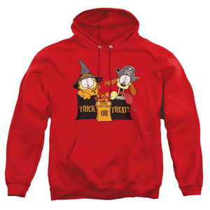 AN OFFCIALLY LICENSED GARFIELD TRICK OR TREAT ADULT UNISEX PULLOVER HOODIE RED
