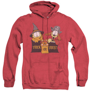AN OFFCIALLY LICENSED GARFIELD TRICK OR TREAT ADULT UNISEX HEATHER PULLOVER HOODIE RED