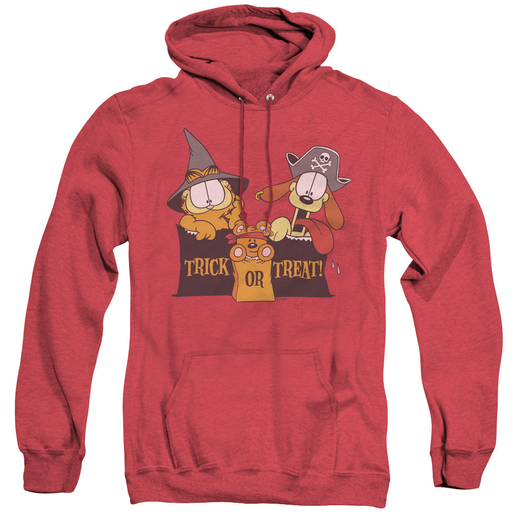 AN OFFCIALLY LICENSED GARFIELD TRICK OR TREAT ADULT UNISEX HEATHER PULLOVER HOODIE RED