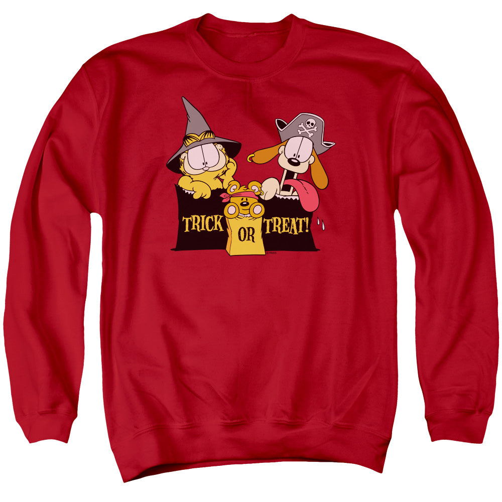 AN OFFCIALLY LICENSED GARFIELD TRICK OR TREAT ADULT UNISEX CREWNECK SWEATSHIRT RED