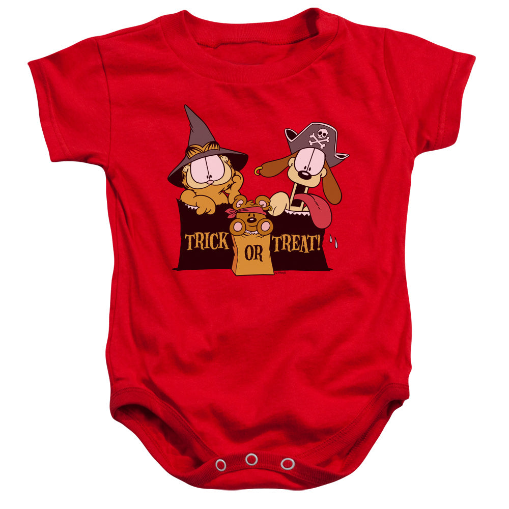 AN OFFCIALLY LICENSED GARFIELD TRICK OR TREAT BABY BODYSUIT RED