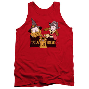 AN OFFCIALLY LICENSED GARFIELD TRICK OR TREAT ADULT UNISEX TANK TOP RED