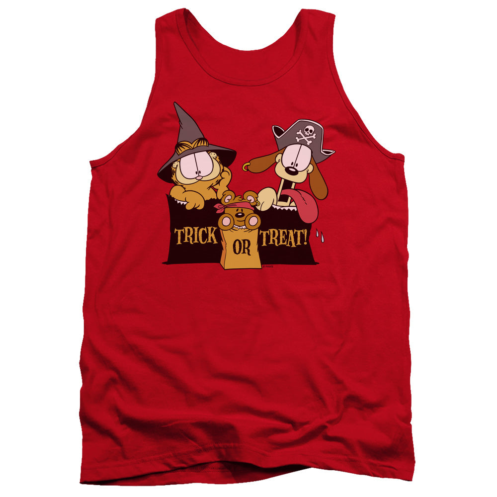 AN OFFCIALLY LICENSED GARFIELD TRICK OR TREAT ADULT UNISEX TANK TOP RED