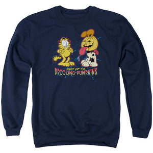 AN OFFCIALLY LICENSED GARFIELD DROOLING PUMPKINS ADULT UNISEX CREWNECK SWEATSHIRT NAVY