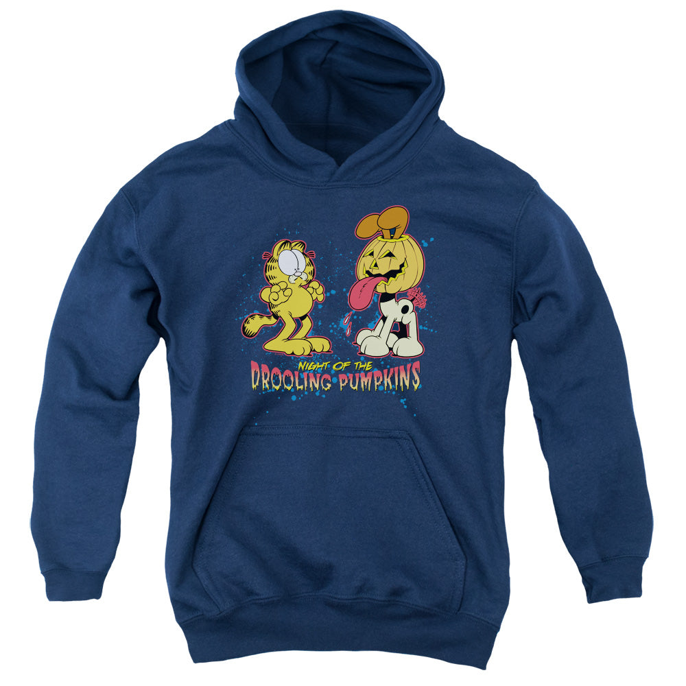 AN OFFCIALLY LICENSED GARFIELD DROOLING PUMPKINS YOUTH HOODIE NAVY