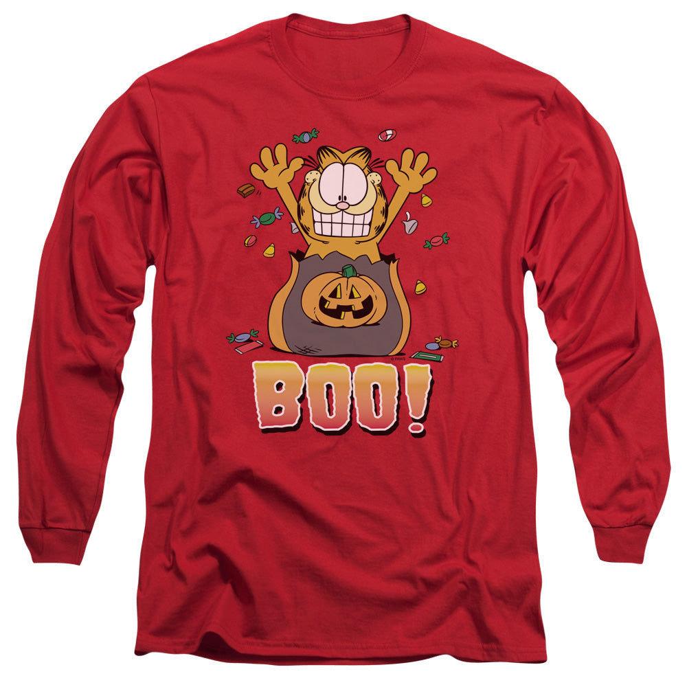 AN OFFCIALLY LICENSED GARFIELD BOO! MEN'S LONG SLEEVE T-SHIRT RED