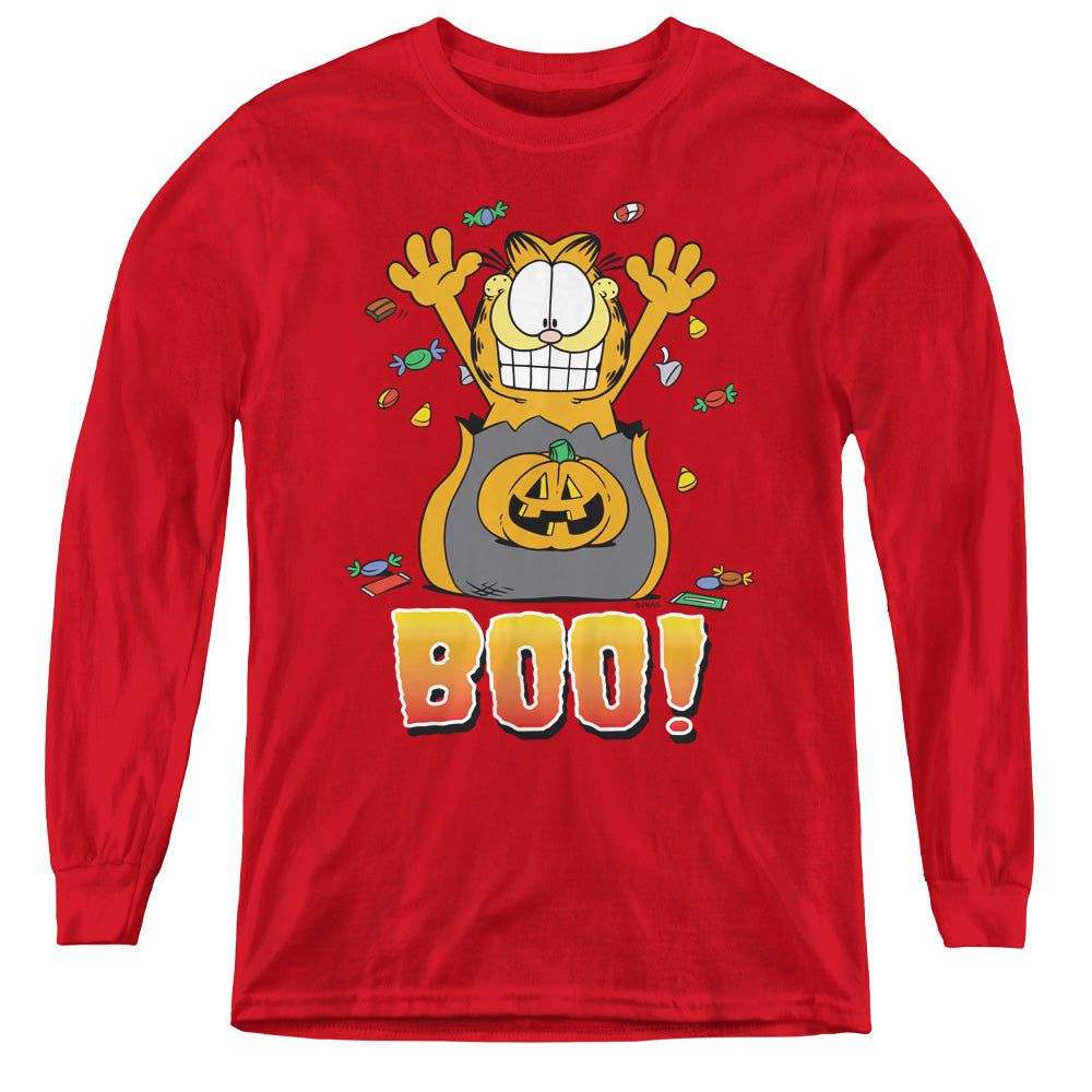 AN OFFCIALLY LICENSED GARFIELD BOO! YOUTH LONG SLEEVE T-SHIRT RED