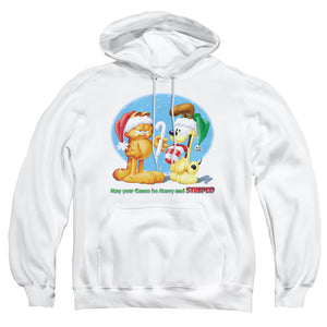 AN OFFCIALLY LICENSED GARFIELD MERRY AND STRIPED ADULT UNISEX PULLOVER HOODIE WHITE
