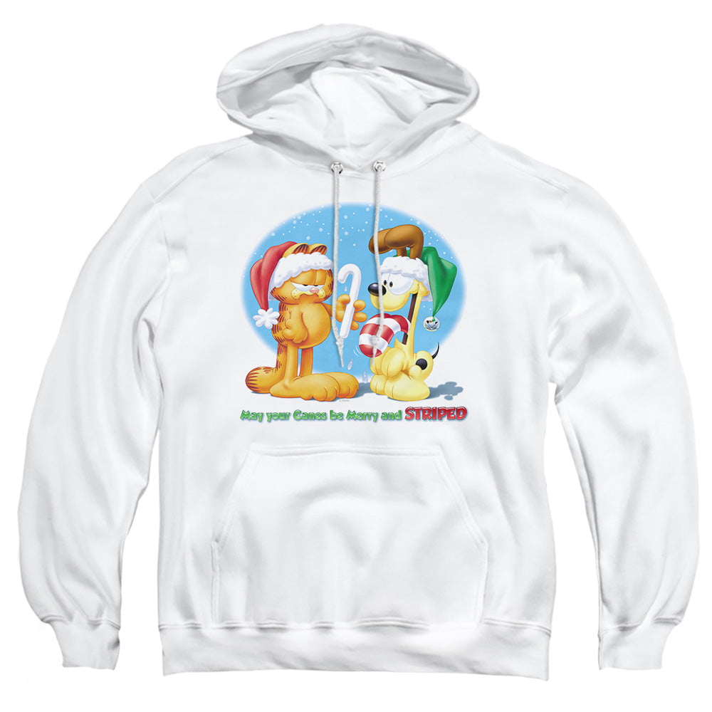 AN OFFCIALLY LICENSED GARFIELD MERRY AND STRIPED ADULT UNISEX PULLOVER HOODIE WHITE