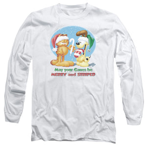 AN OFFCIALLY LICENSED GARFIELD MERRY AND STRIPED MEN'S LONG SLEEVE T-SHIRT WHITE