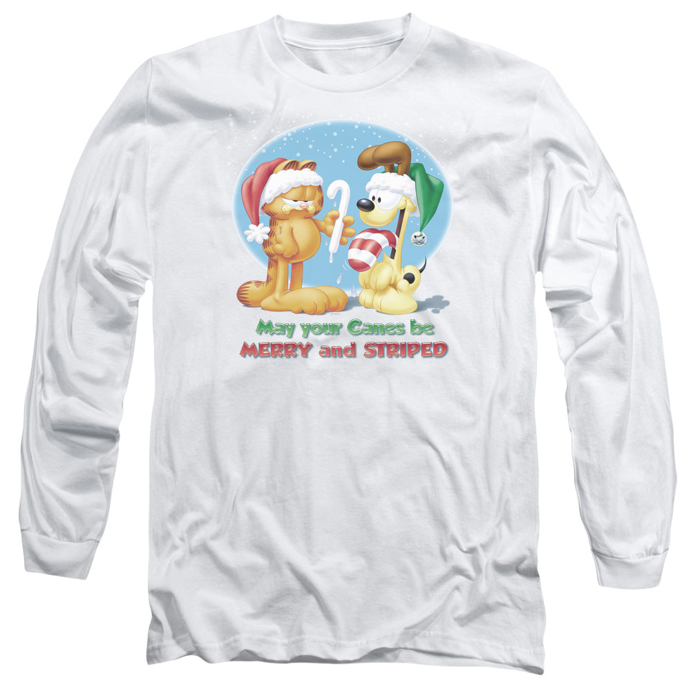 AN OFFCIALLY LICENSED GARFIELD MERRY AND STRIPED MEN'S LONG SLEEVE T-SHIRT WHITE
