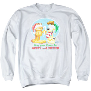 AN OFFCIALLY LICENSED GARFIELD MERRY AND STRIPED ADULT UNISEX CREWNECK SWEATSHIRT WHITE