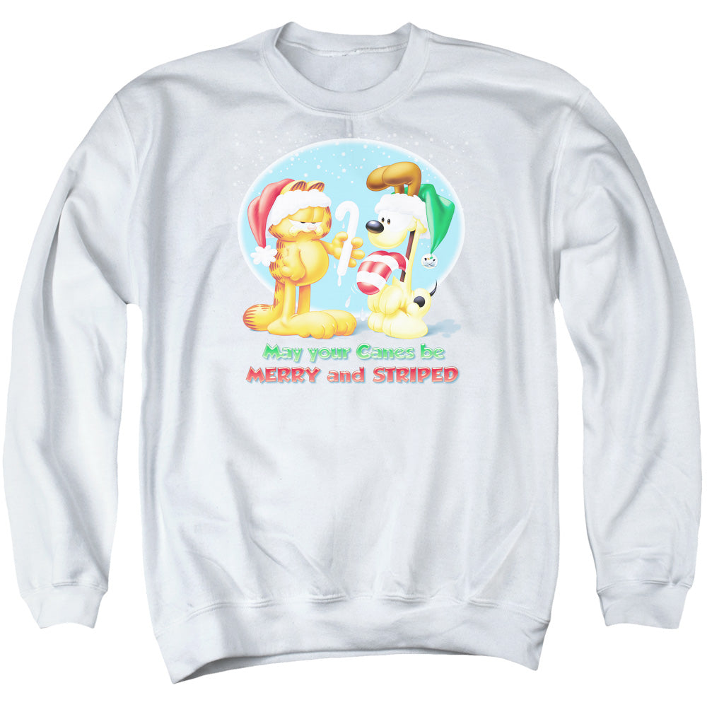 AN OFFCIALLY LICENSED GARFIELD MERRY AND STRIPED ADULT UNISEX CREWNECK SWEATSHIRT WHITE