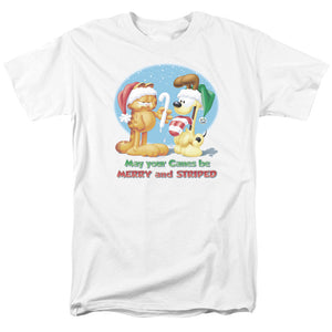 AN OFFCIALLY LICENSED GARFIELD MERRY AND STRIPED MEN'S REGULAR FIT T-SHIRT WHITE