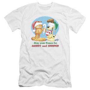 AN OFFCIALLY LICENSED GARFIELD MERRY AND STRIPED MEN'S PREMIUM SLIM FIT T-SHIRT WHITE