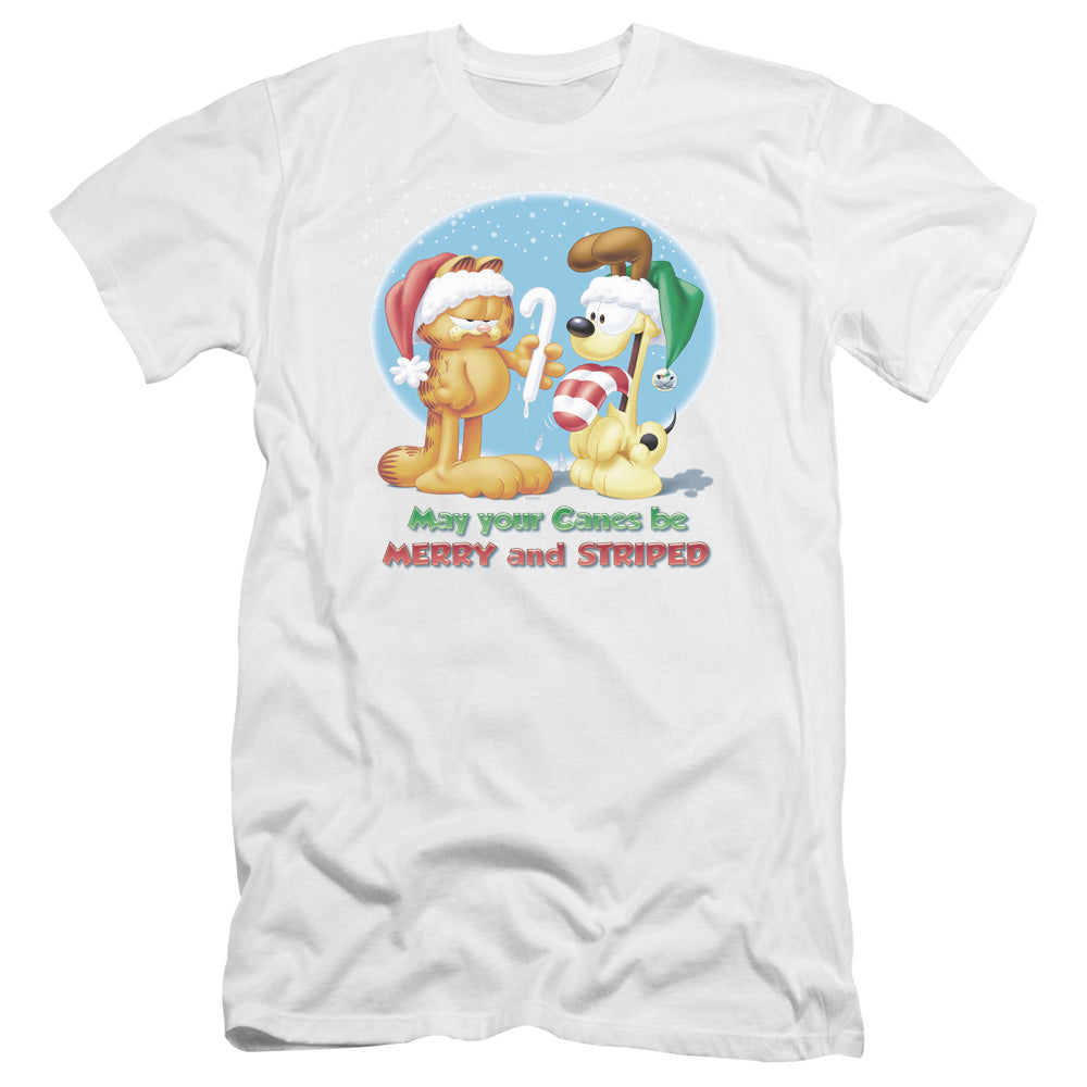 AN OFFCIALLY LICENSED GARFIELD MERRY AND STRIPED MEN'S PREMIUM SLIM FIT T-SHIRT WHITE