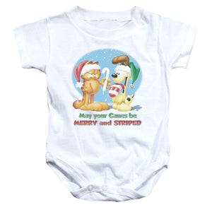 AN OFFCIALLY LICENSED GARFIELD MERRY AND STRIPED BABY BODYSUIT WHITE