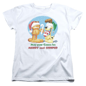 AN OFFCIALLY LICENSED GARFIELD MERRY AND STRIPED WOMEN'S REGULAR FIT T-SHIRT WHITE