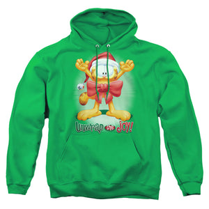 AN OFFCIALLY LICENSED GARFIELD UNWRAP THE JOY! ADULT UNISEX PULLOVER HOODIE KELLY GREEN