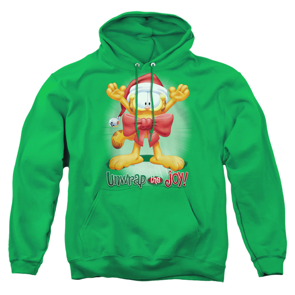 AN OFFCIALLY LICENSED GARFIELD UNWRAP THE JOY! ADULT UNISEX PULLOVER HOODIE KELLY GREEN