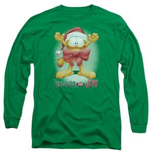 AN OFFCIALLY LICENSED GARFIELD UNWRAP THE JOY! MEN'S LONG SLEEVE T-SHIRT KELLY GREEN