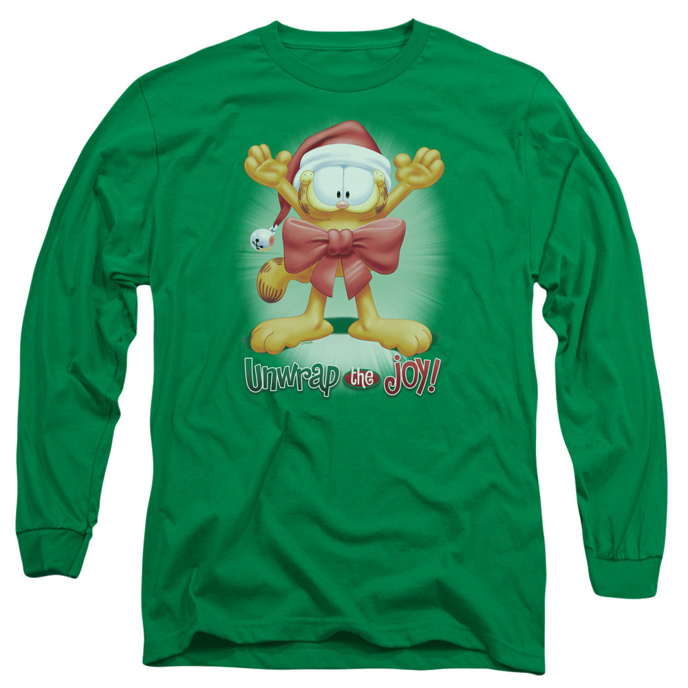 AN OFFCIALLY LICENSED GARFIELD UNWRAP THE JOY! MEN'S LONG SLEEVE T-SHIRT KELLY GREEN